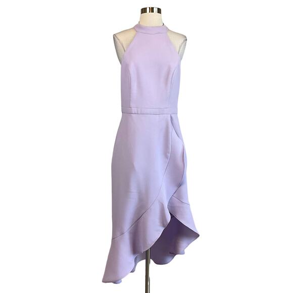 AQUA Women's Cocktail Dress Size 10 Purple Backless Ruffled Midi Halter Sheath - Picture 1 of 13